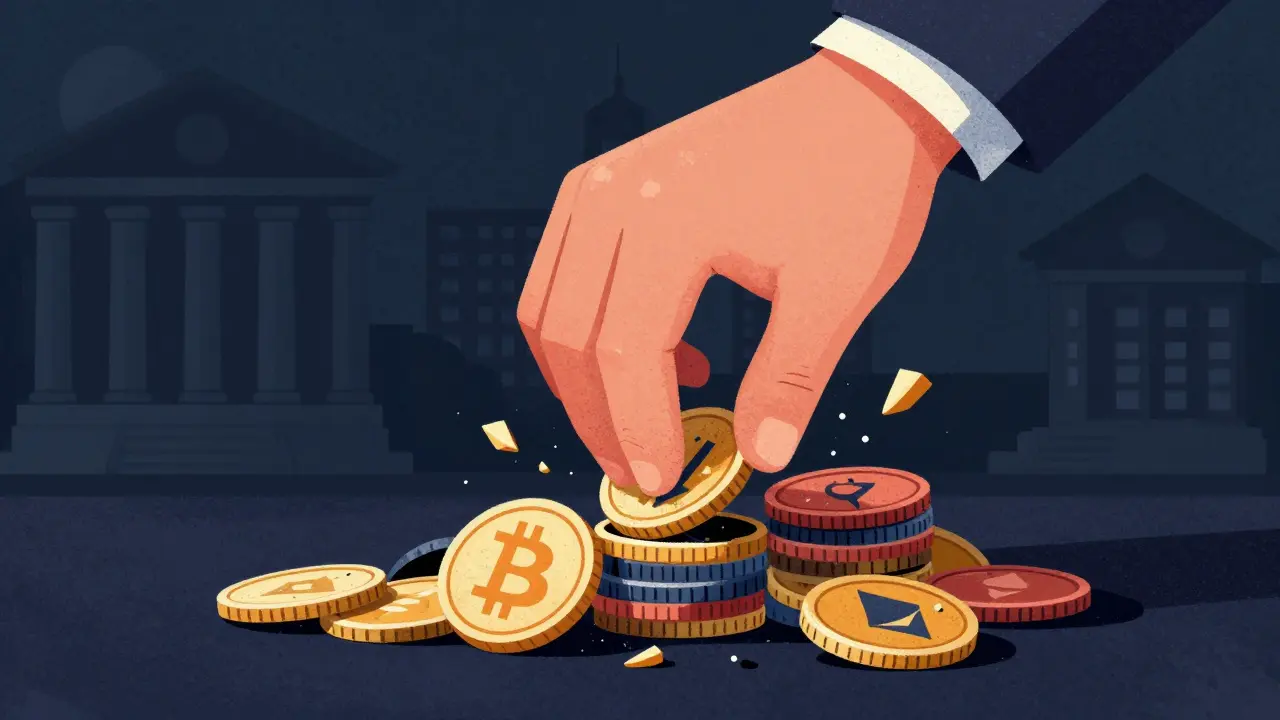 Illustrazione di monete crypto schiacciate da una mano pesante, rappresentando l'onere fiscale del 30%.