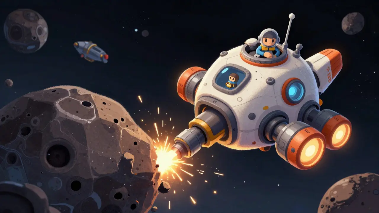 Illustrazione di una nave NFT che estrae risorse da un asteroide con strumenti avanzati
