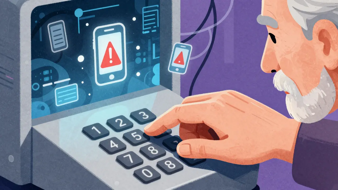 Mano anziana esitante su un dispenser con simboli di truffa digitale