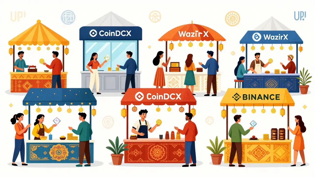 Mercato illustrato con borse cripto indiane come bancarelle