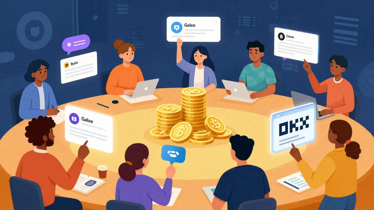 Personaggi cartoon che partecipano a campagne airdrop su piattaforme crypto