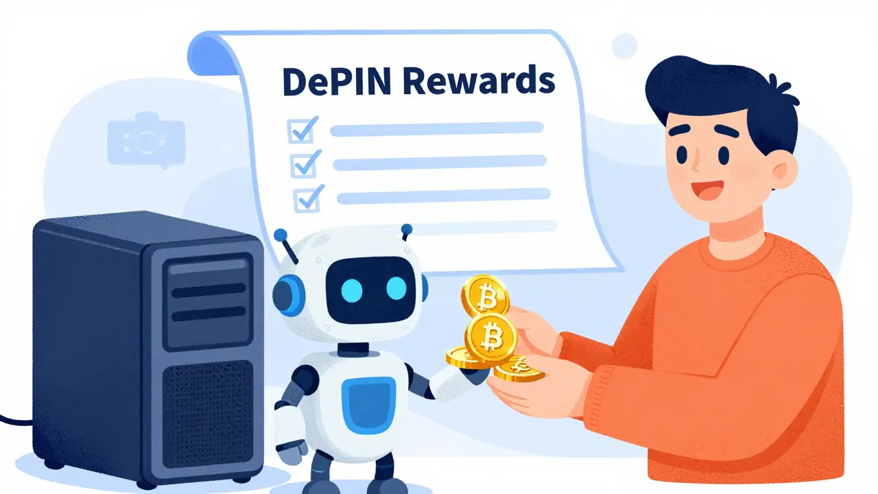 Personaggio stilizzato che riceve token cripto da un contratto intelligente per servizi forniti