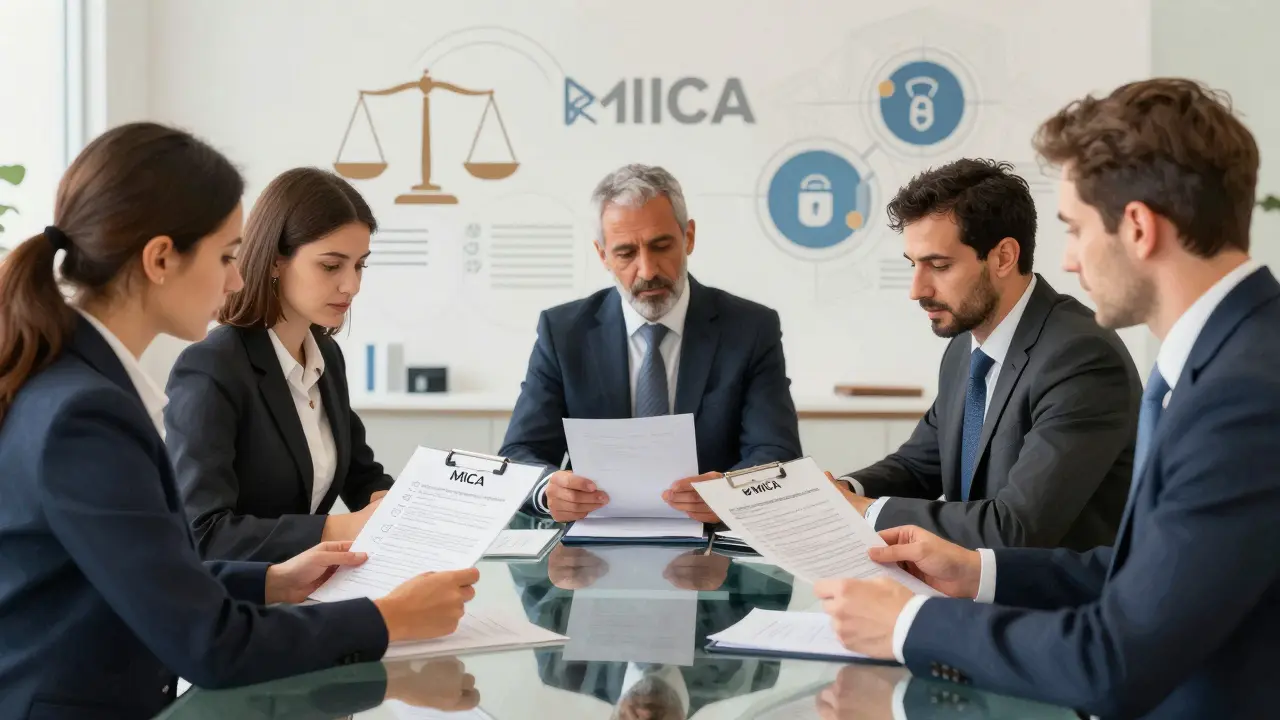 Professionisti che revisionano la conformità MiCA in un ufficio moderno a Cipro