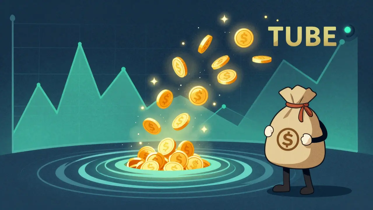 Rappresentazione artistica del sistema di staking TUBE e della volatilità del token MUST