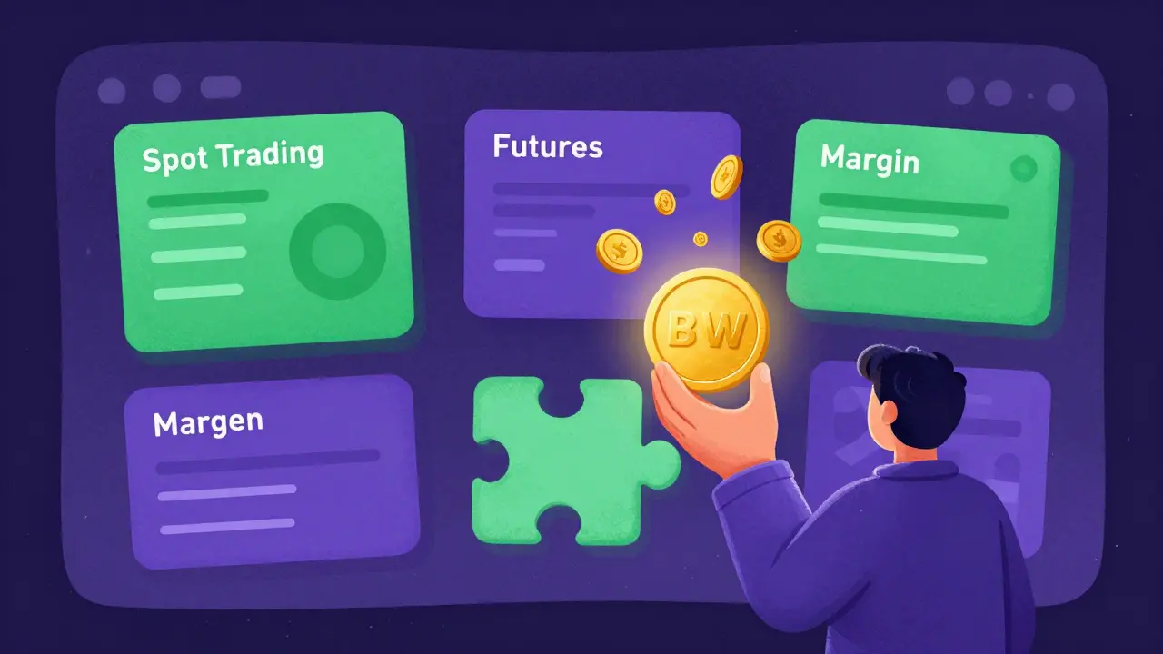 Rappresentazione stilizzata degli strumenti di trading e del token BWB per sconti sulle fee