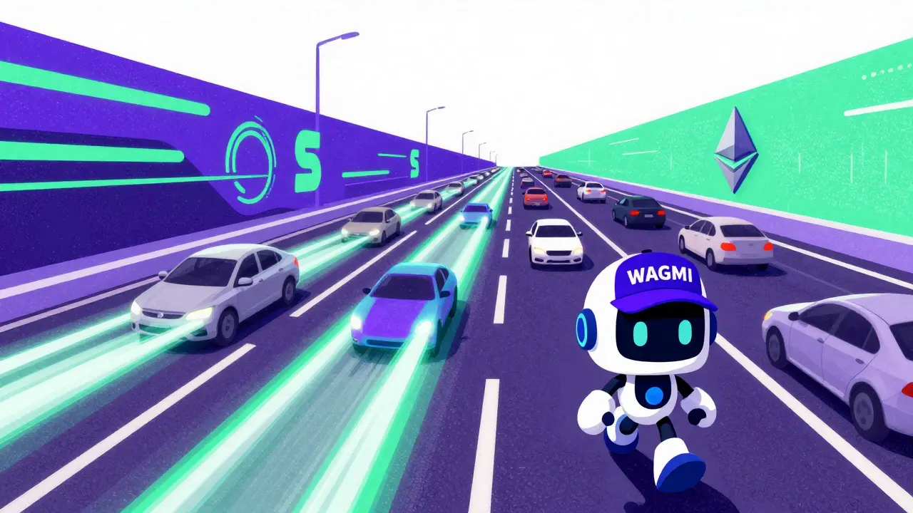 Robot WAGMI su una rete blockchain veloce e colorata tipo Sonic