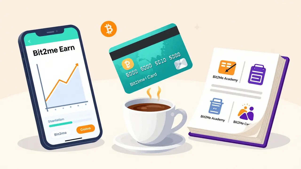 Servizi Bit2Me: carta di debito, staking passivo e corsi educativi illustrati.