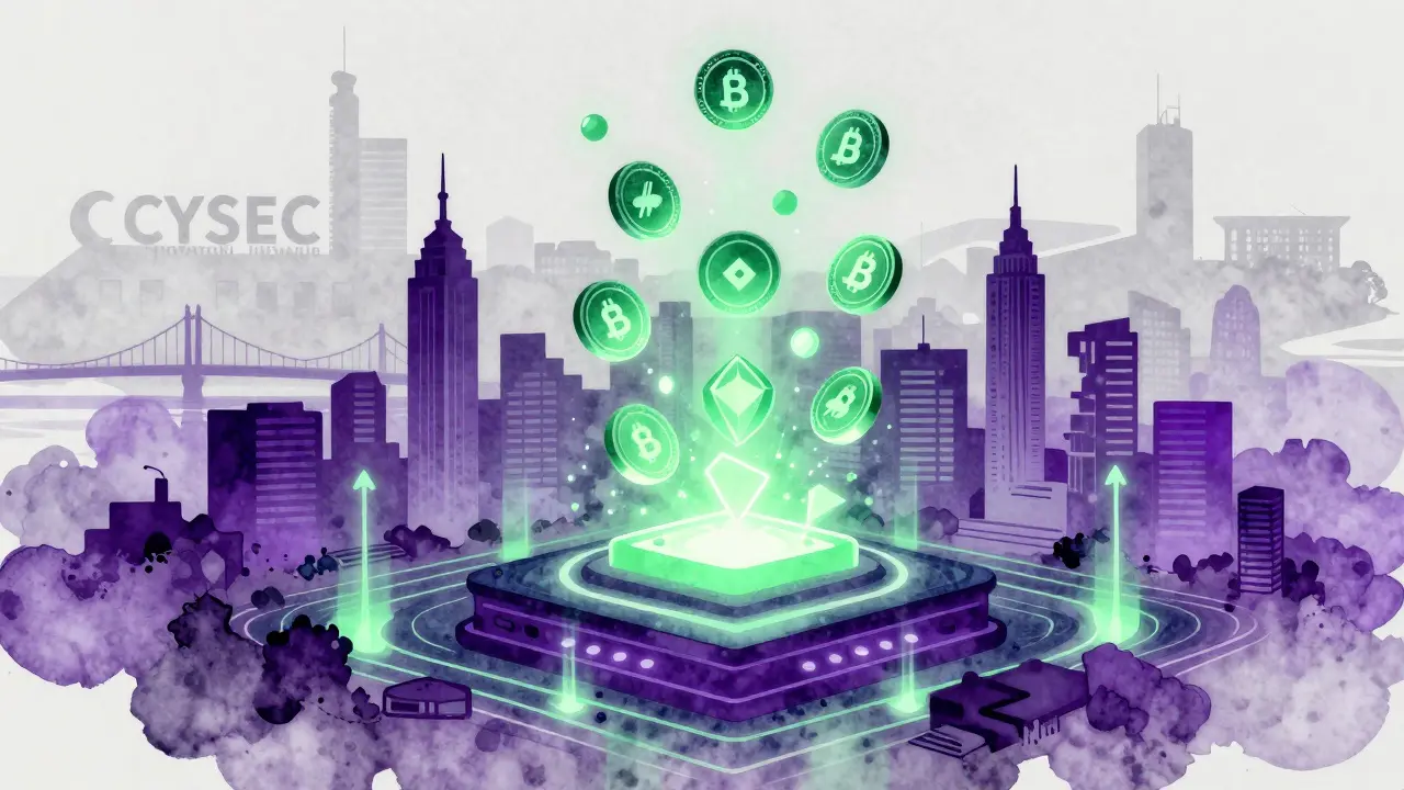 Token digitali fluttuanti sopra un'infrastruttura blockchain futuristica a Cipro