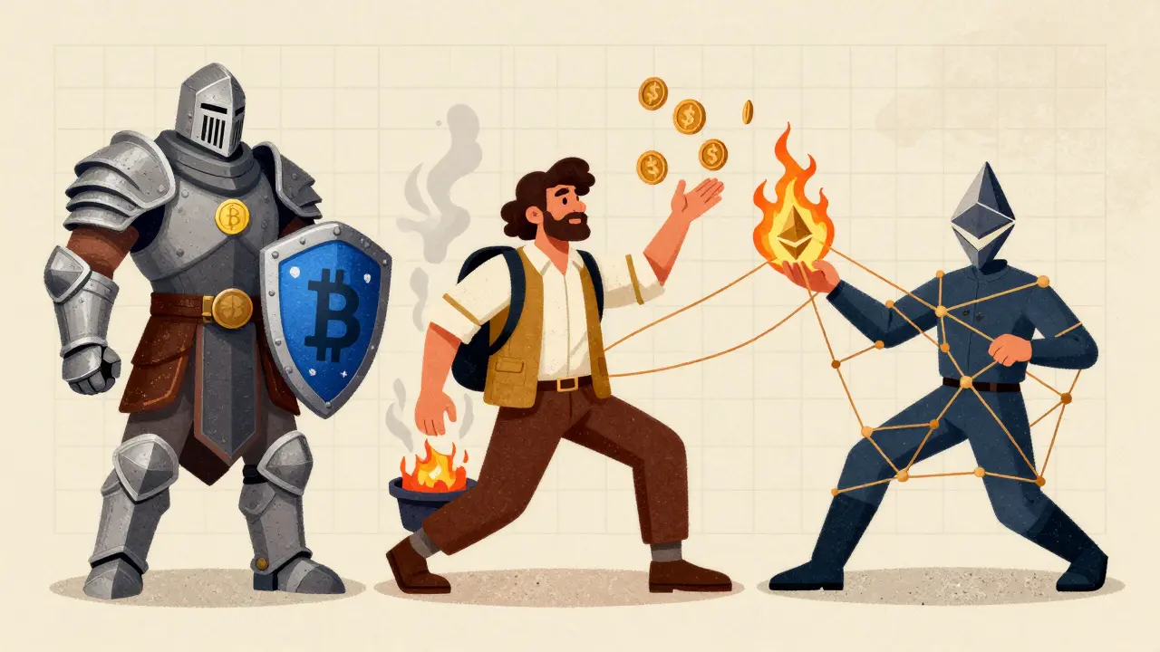 Tre personaggi stilizzati rappresentano i meccanismi di Bitcoin, BNB ed Ethereum