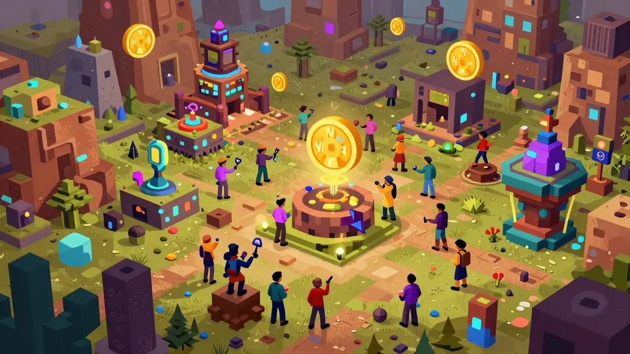 Vista del metaverso MetaVoxel con utenti che costruiscono e scambiano token NORA.