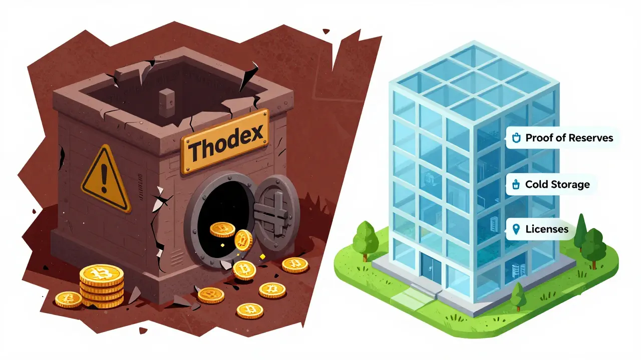 Confronto illustrato tra lo scambio truffaldino Thodex e piattaforme cripto regolamentate sicure