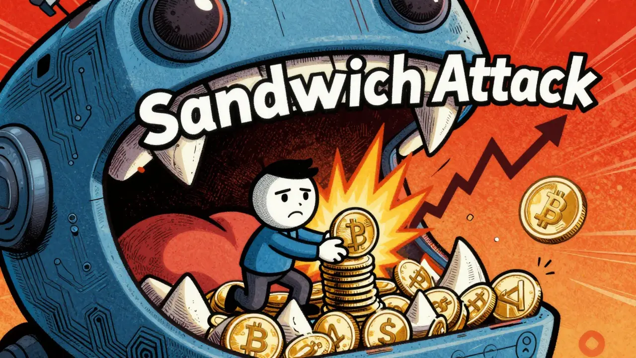Disegno stilizzato di un attacco sandwich crypto: un bot robotico morde un utente