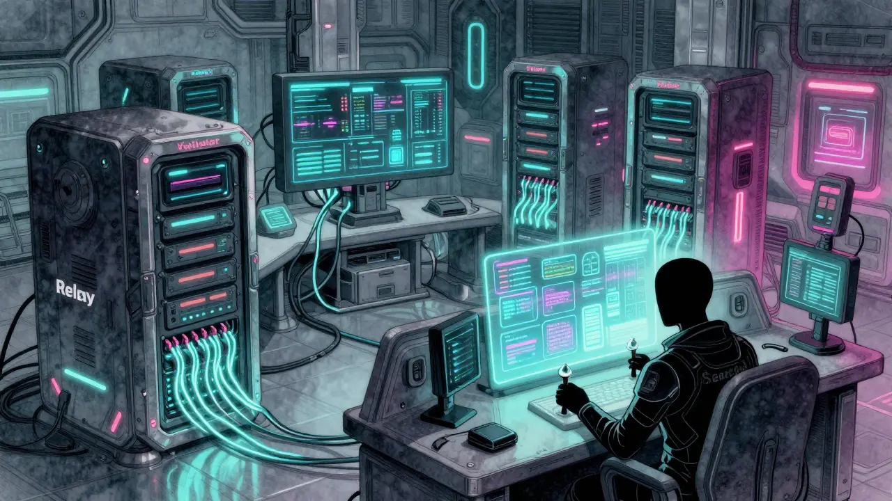 Illustrazione tecnica di server e operatori che gestiscono transazioni blockchain nascoste