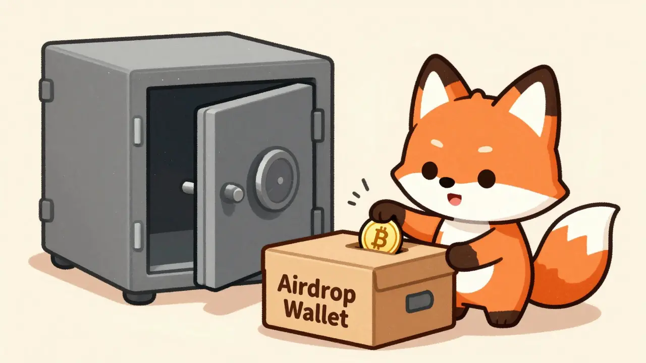 Mascotte cripto che protegge un portafoglio separato per gli airdrop