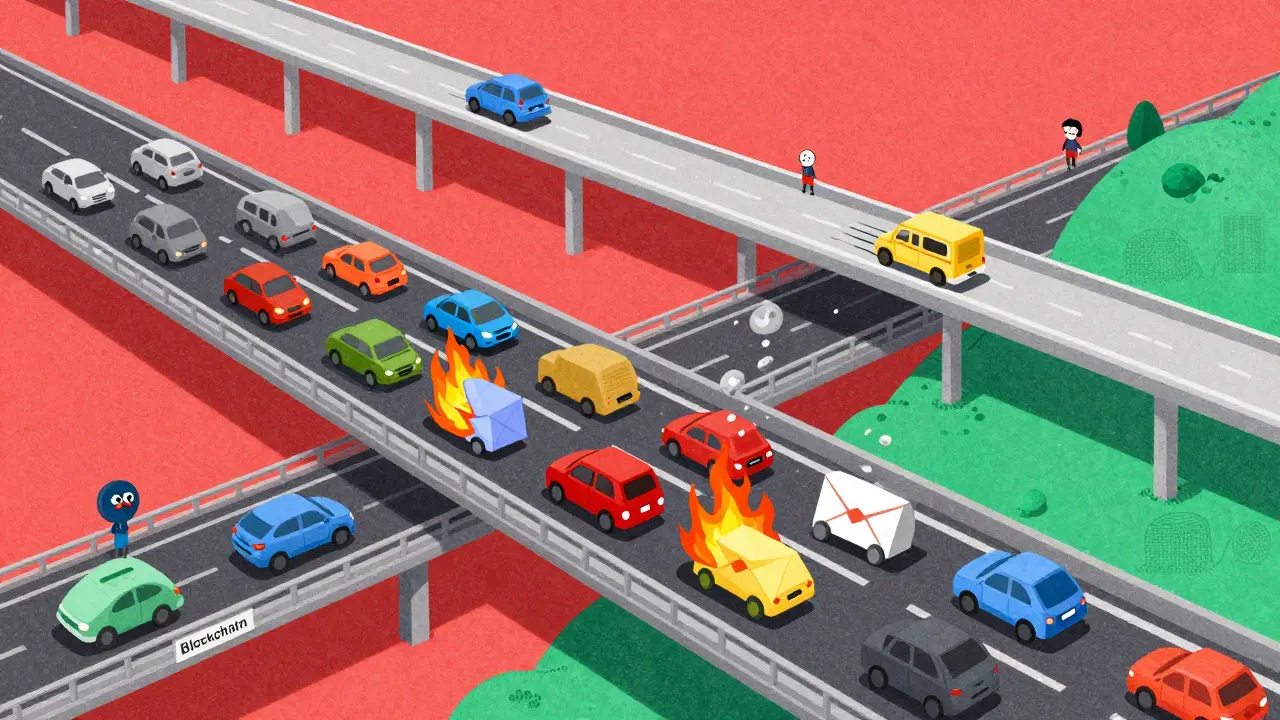 Metafora visiva delle commissioni di transazione e della congestione della rete blockchain