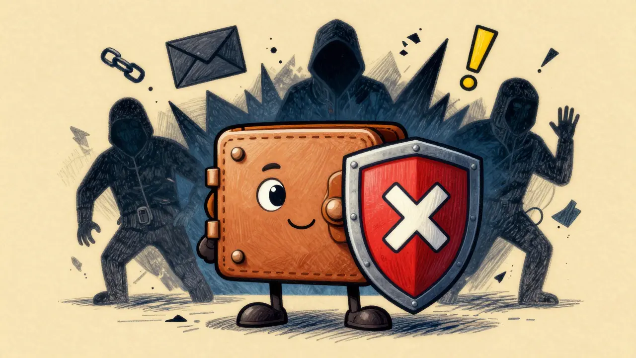Portafoglio digitale che protegge da truffe con uno scudo rosso illustrativo
