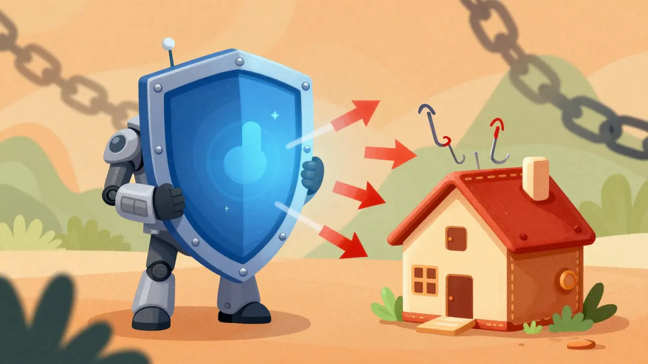 Robot protettivo che blocca minacce con uno scudo davanti a un wallet sicuro