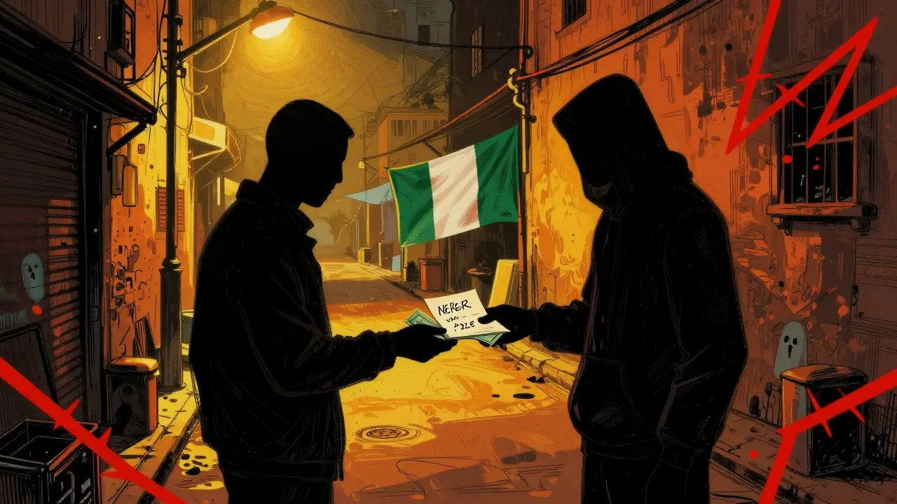 Scambio cripto clandestino rischioso in strada al buio