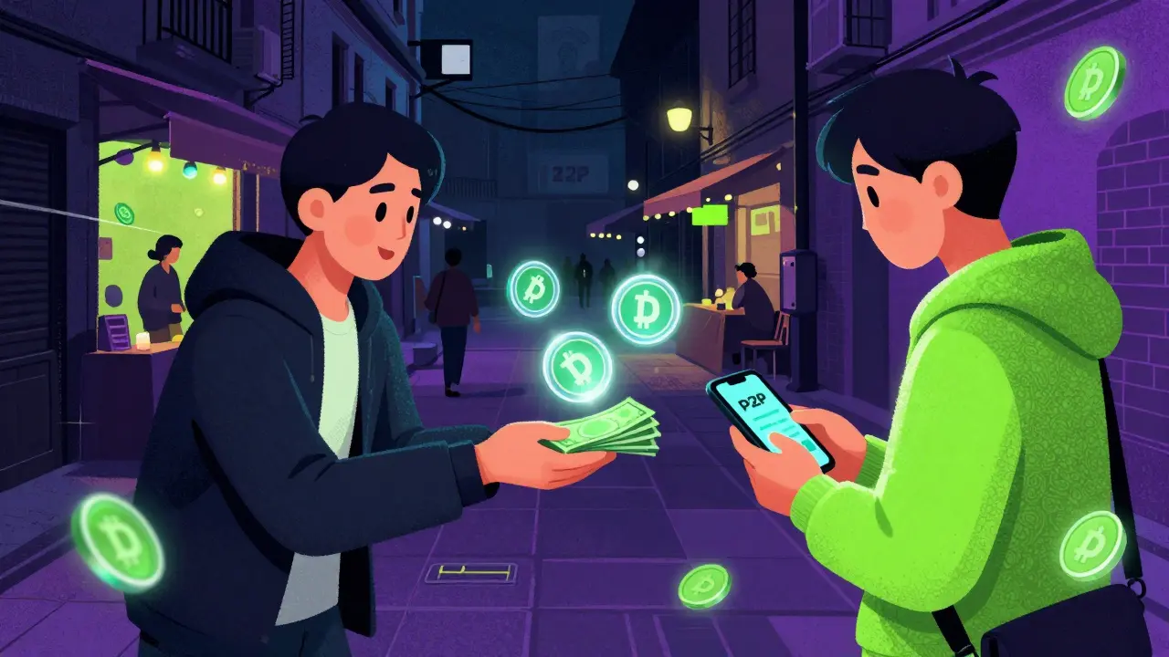 Scambio informale di contanti e criptovalute tra due persone in strada