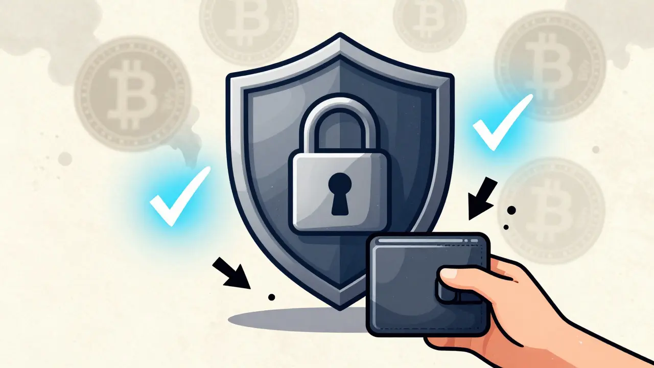 Scudo di sicurezza che protegge un portafoglio da minacce digitali