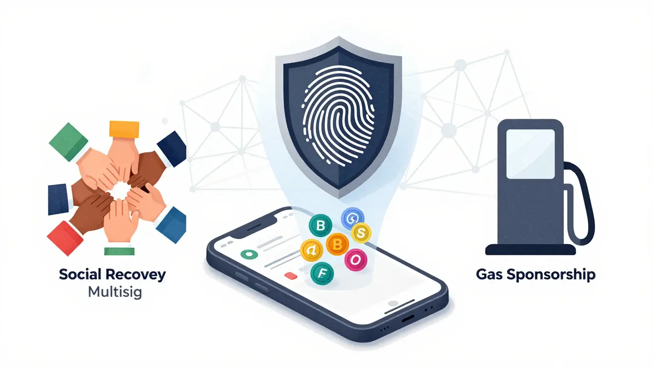 Smartphone con icone di sicurezza biometrica, recupero sociale e gas sponsorizzato