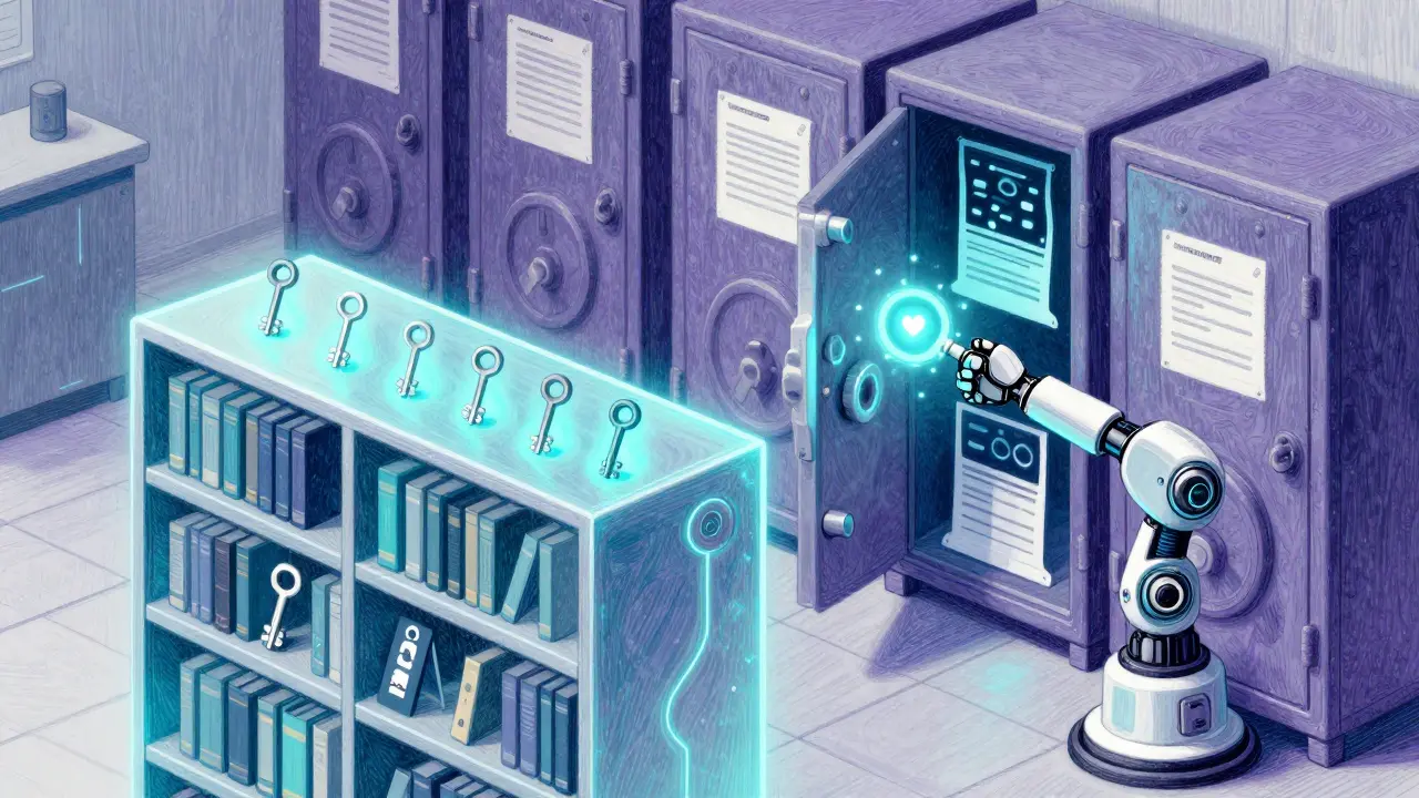 Architettura ibrida: blockchain come indice sicuro e dati medici crittografati in archivi esterni.