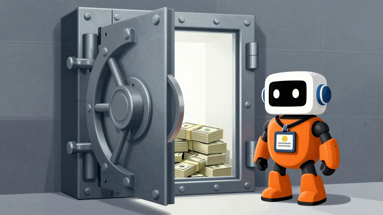 Cassaforte blockchain che mostra dollari fisici come riserve garantite