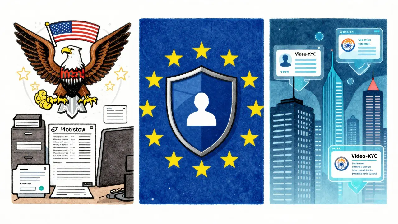 Confronto artistico tra le normative USA rigide, UE protettive e Asia tecnologica per la compliance.