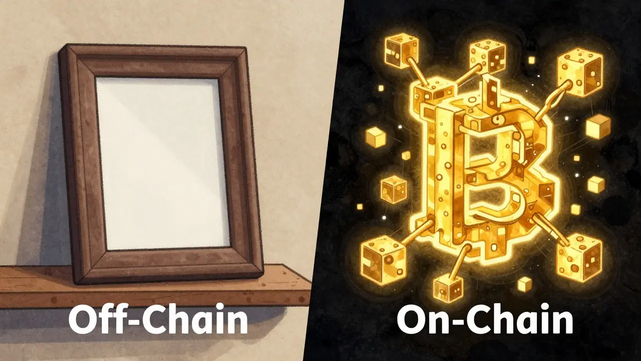 Confronto illustrato tra arte NFT off-chain statica e on-chain dinamica