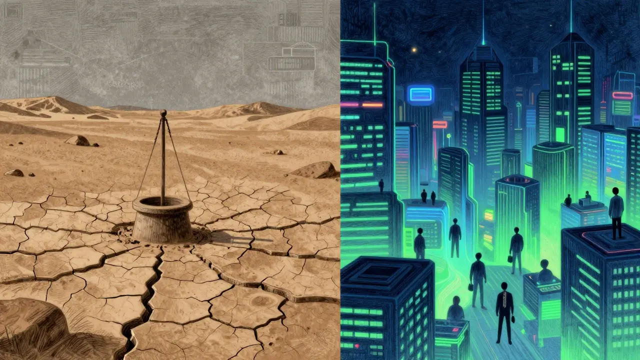 Confronto tra deserto digitale vuoto e città cripto vibrante e attiva