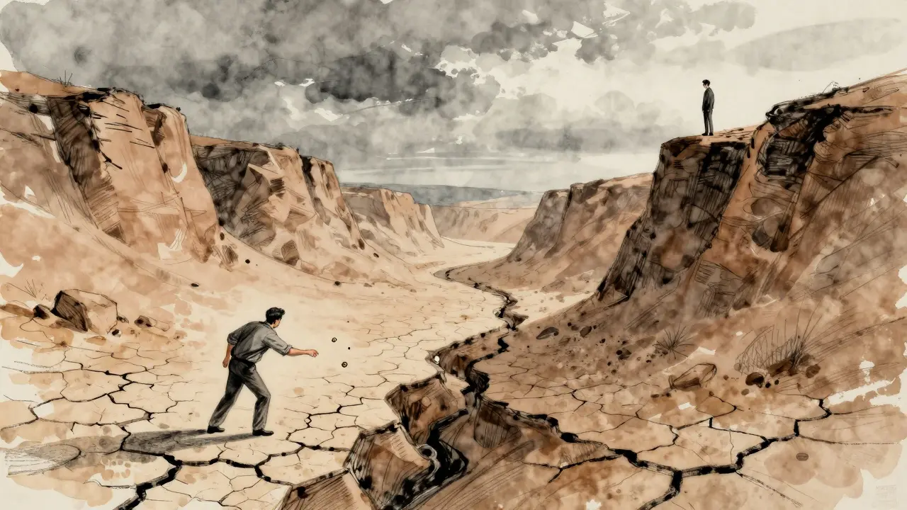 Metafora visiva della bassa liquidità con un commerciante solo in un deserto asciutto