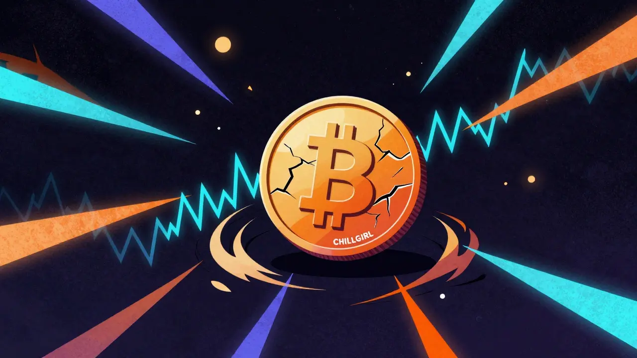 Moneta digitale instabile circondata da simboli di rischio e volatilità nel mercato crypto