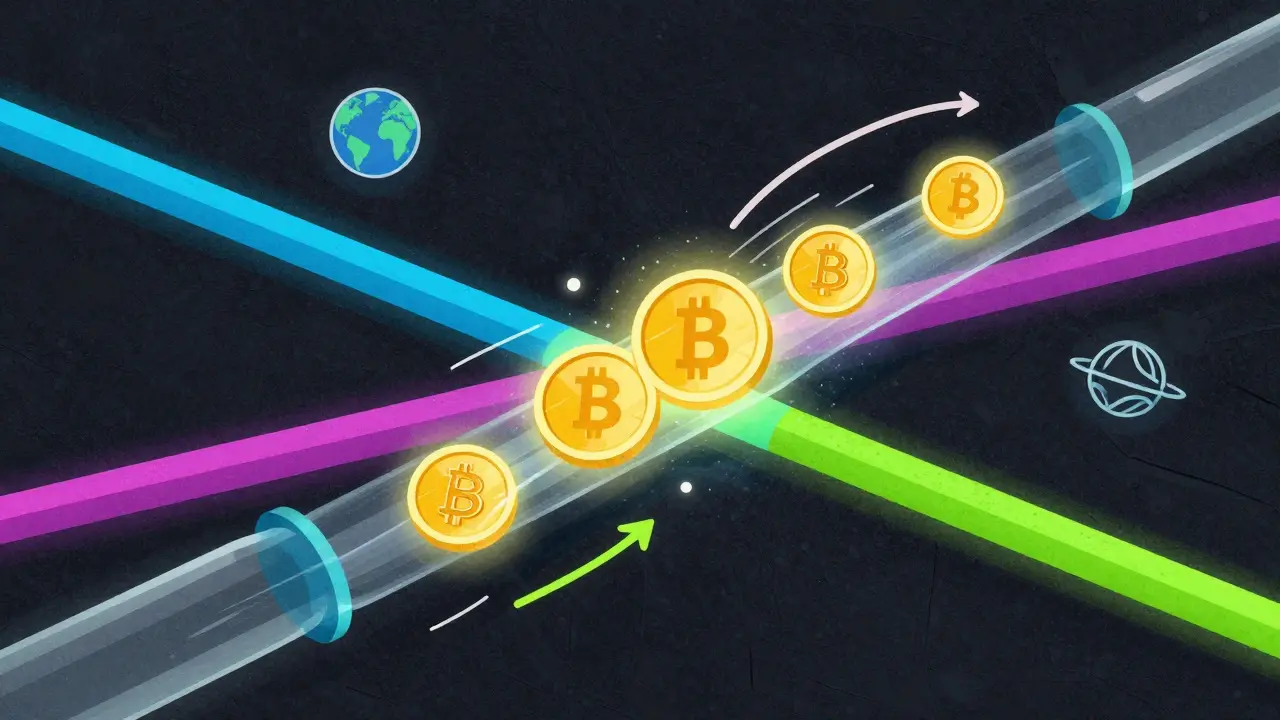 Rappresentazione artistica di monete digitali che fluiscono rapidamente attraverso reti blockchain colorate