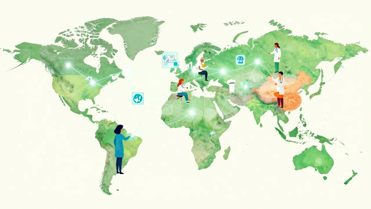 Rete sanitaria globale interconnessa con blockchain, AI e collaborazione transfrontaliera sicura.