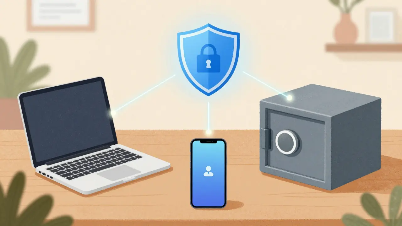 Setup sicuro con laptop, telefono e cassaforte per la gestione delle chiavi