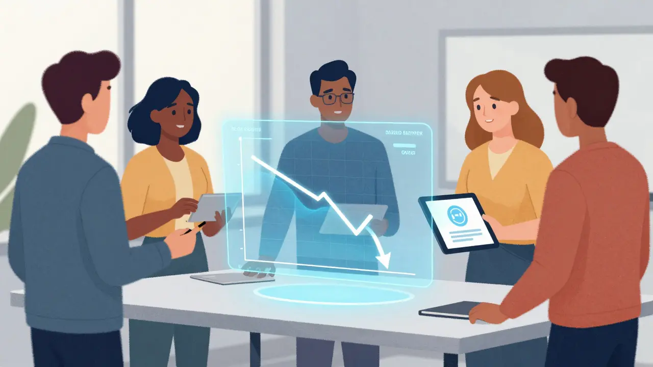 Team aziendale moderno che esamina grafici di risparmio e velocità sui pagamenti blockchain