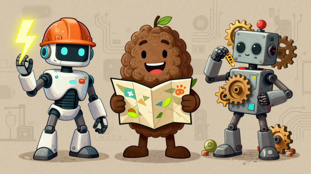 Tre personaggi che rappresentano Hardhat, Truffle e Substrate