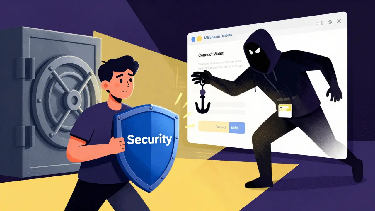 Utente protetto da scudo contro un hacker che offre connessioni wallet false