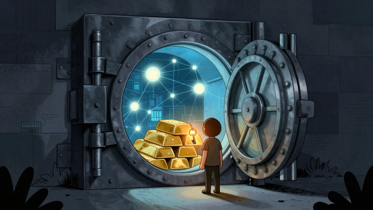 Cassaforte aperta con nodi blockchain luminosi e una chiave fisica