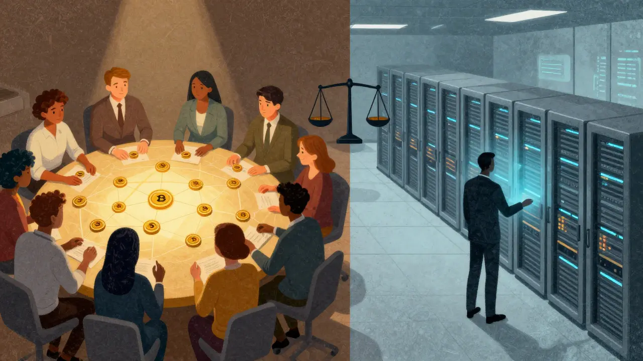 Confronto illustrativo tra la decentralizzazione comunitaria e il controllo centralizzato