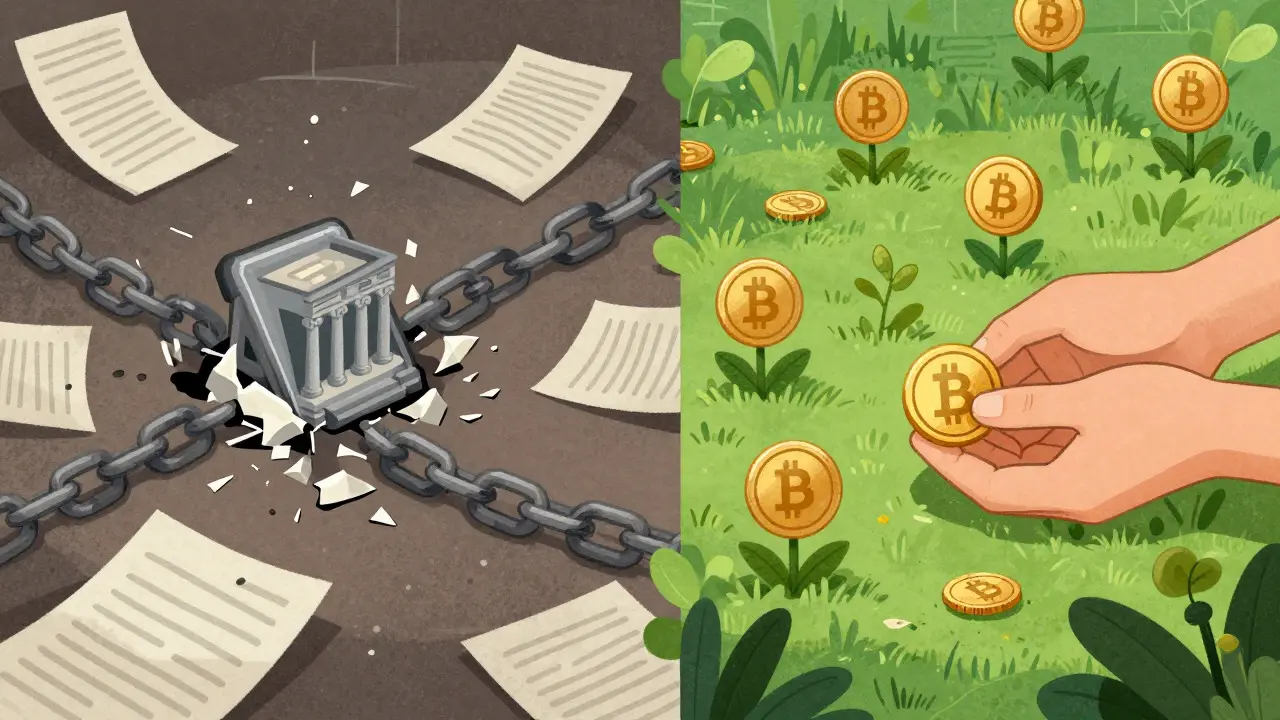 Confronto visivo tra restrizioni bancarie e libertà finanziaria decentralizzata