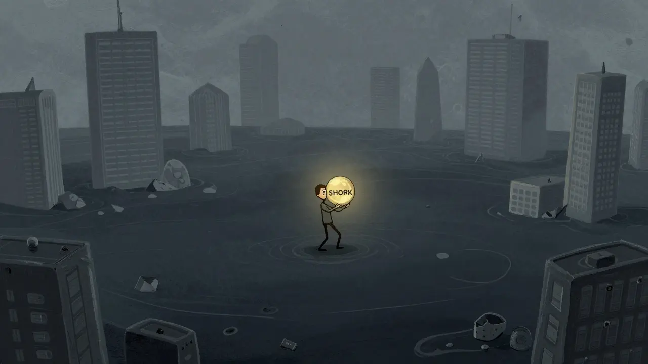 Figura solitaria che tiene un piccolo token in un paesaggio finanziario vuoto