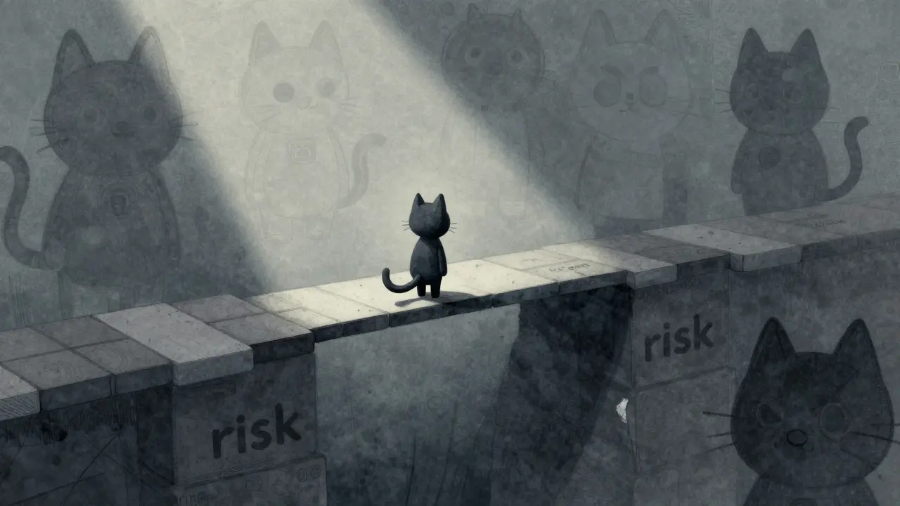Gatto solitario su un ponte digitale precario verso il vuoto