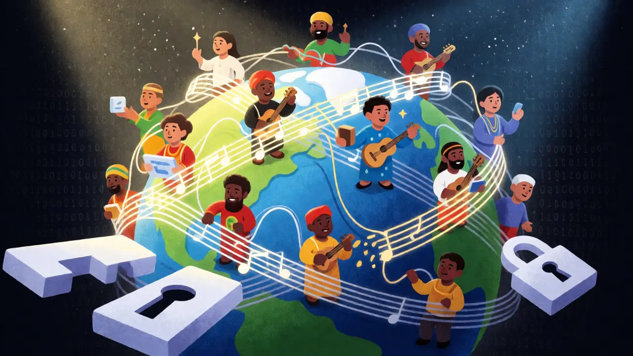 Globo stilizzato avvolto da cavi musicali che collegano persone di tutto il mondo