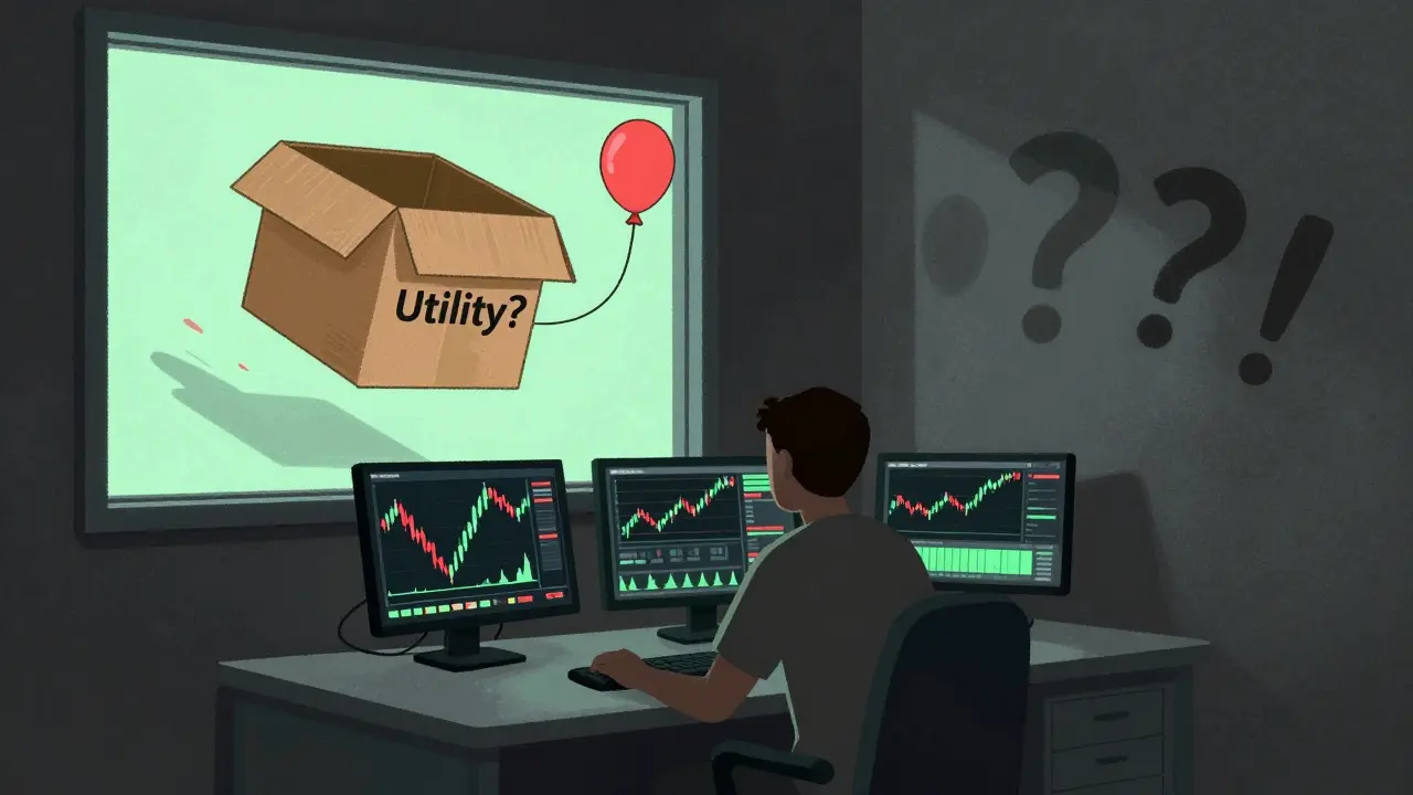 Illustrazione concettuale del trading speculativo con grafici caotici e mancanza di utilità reale