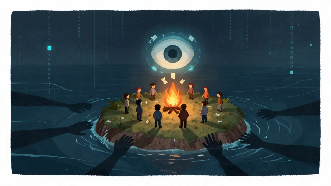Isola isolata con persone attorno al fuoco che guardano un occhio digitale, simboleggiando l'hype