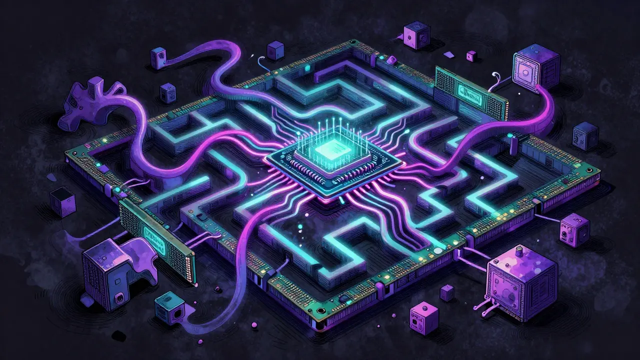 Labirinto astratto di chip RAM e dati che simboleggia gli algoritmi resistenti agli ASIC