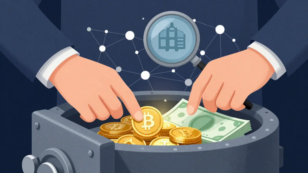 Mani che organizzano criptovalute e documenti in una cassaforte sotto una lente d'ingrandimento