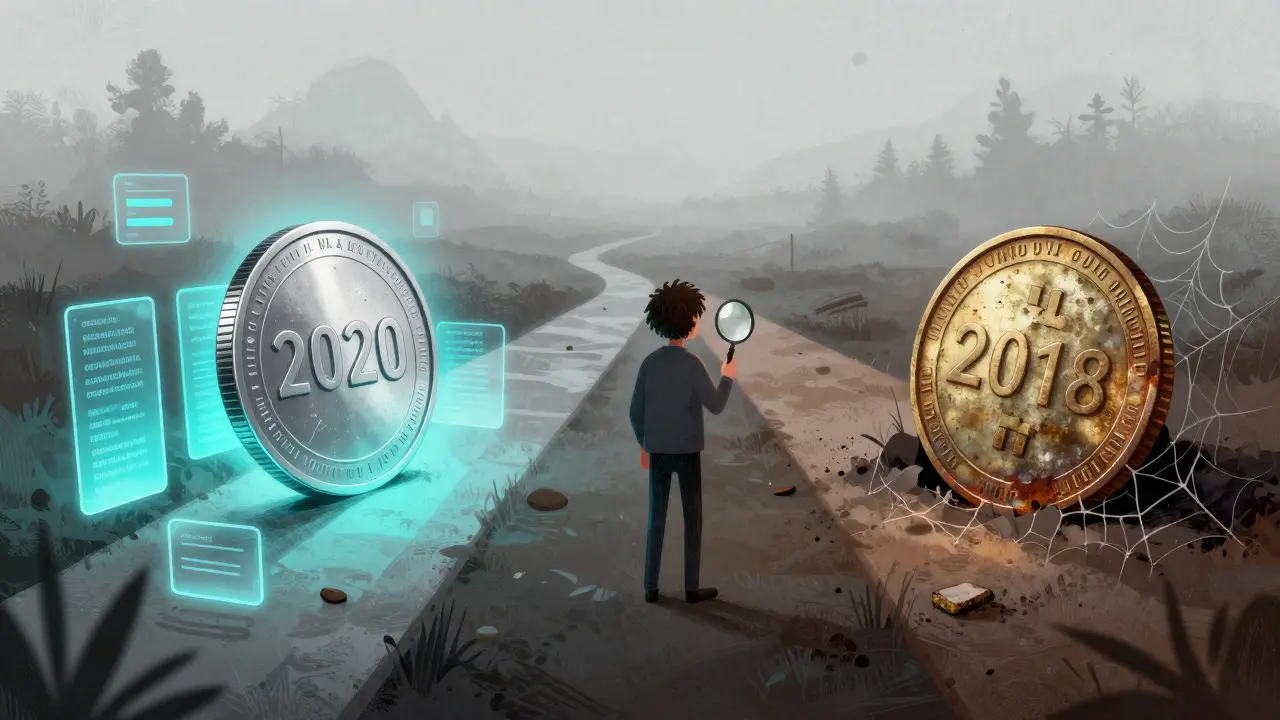 Metafora visiva della confusione tra token criptovaluta attivi e obsoleti su percorsi diversi