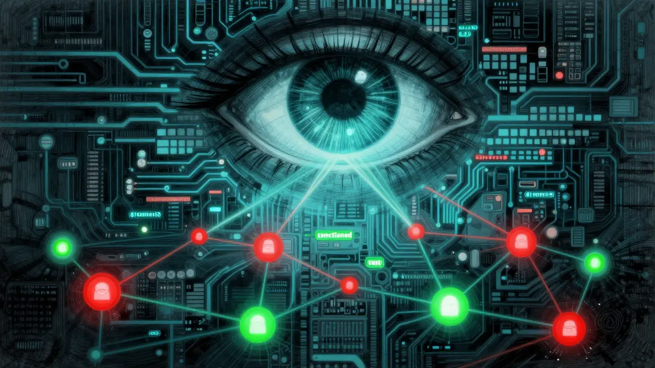 Occhio digitale che monitora una rete di nodi blockchain con connessioni rosse